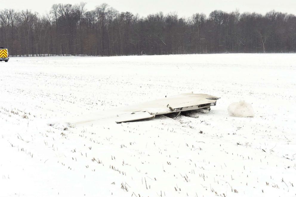 PHOTO: A wing lies in the ground following a small plane overshooting a runway at the Michigan City Municipal Airport in Michigan City, Ind., Dec. 27, 2017.