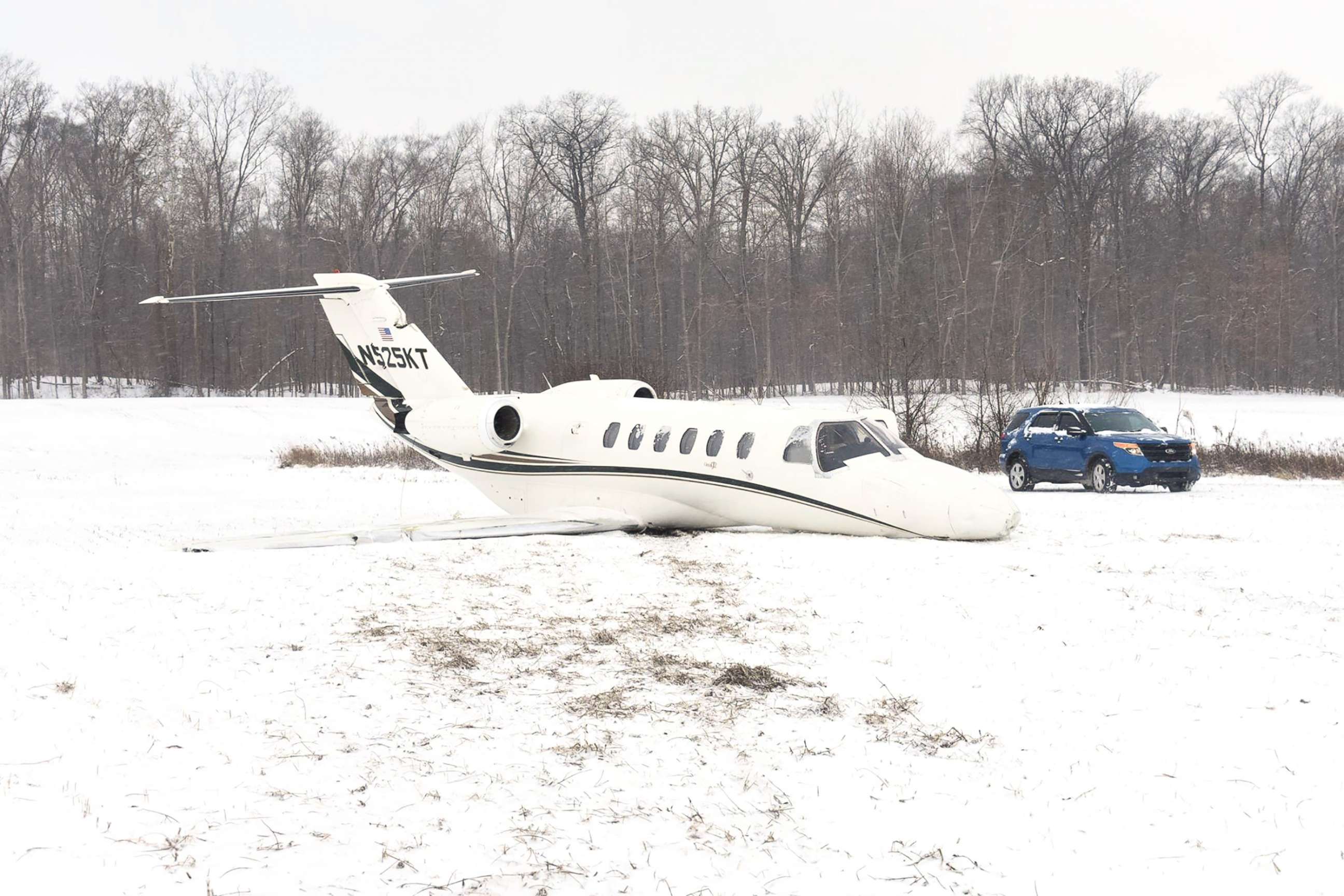 PHOTO: A small plane overshot a runway at the Michigan City Municipal Airport in Michigan City, Indiana, Dec. 27, 2017.
