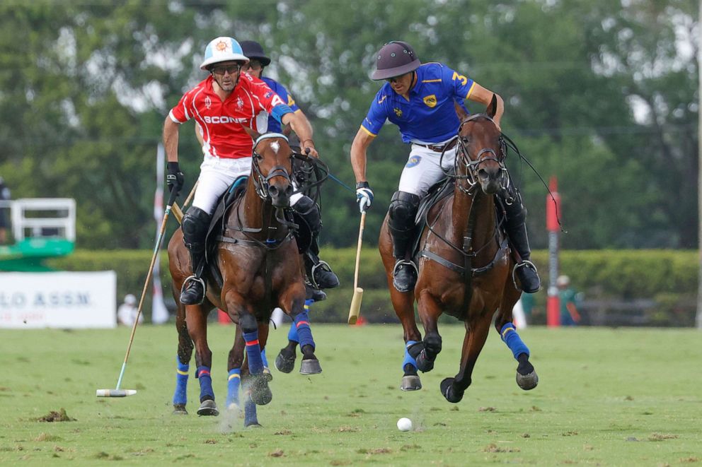 PHOTO: In this April 18, 2021, file photo, a player scores a goal during the CaptiveOne U,S, Open Polo Championship Final on April 18, 2021 at the International Polo Club in Wellington, Fla.