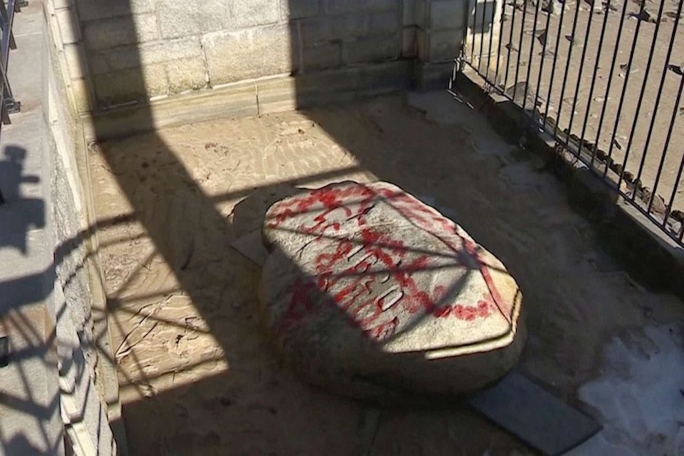 PHOTO: This photo provided by WCVB shows the vandalized Plymouth Rock in Plymouth, Mass., Feb. 17, 2020.