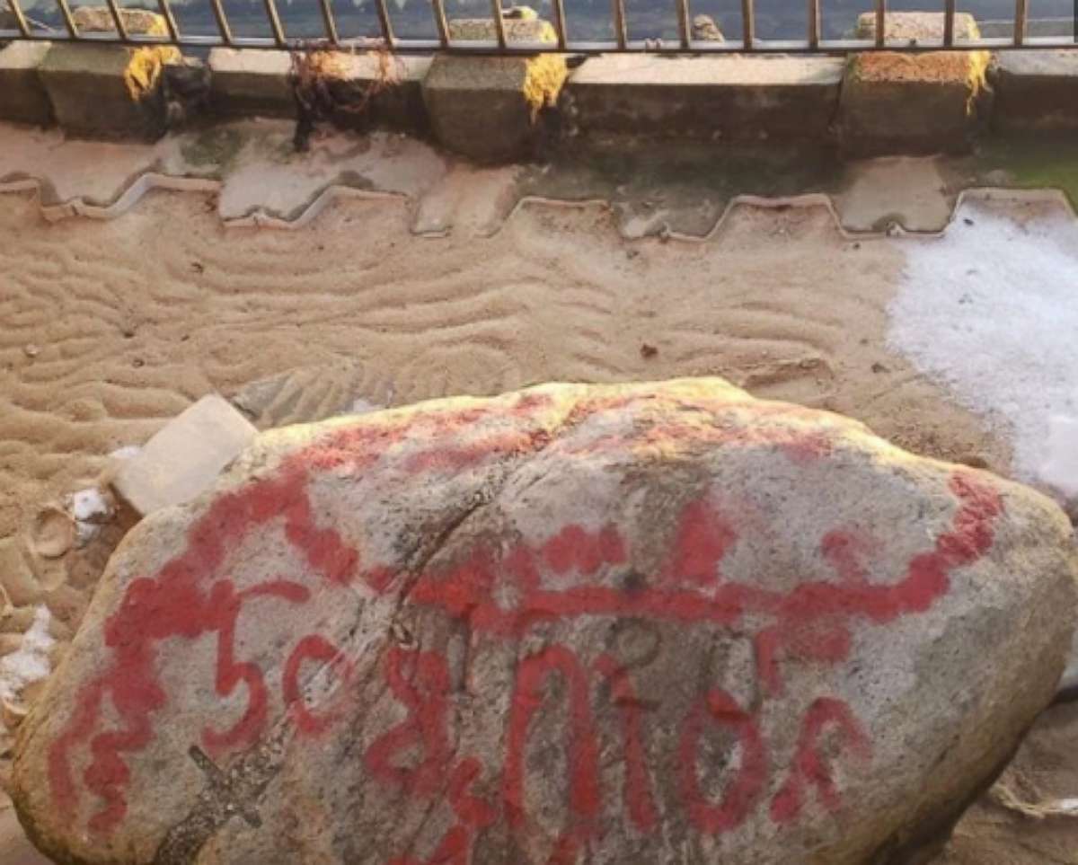 PHOTO: Plymouth Rock was vandalized with red spray paint. The graffiti was cleaned up Monday Feb. 17, 2020.