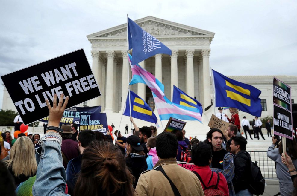 PHOTO: Protesters rally in front of the U.S. Supreme Court as arguments are heard in a set of cases concerning the rights of LGBT people in the workforce, on October 8, 2019 in Washington, DC.