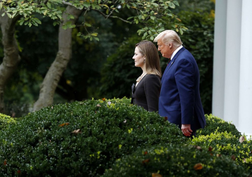 PHOTO: President Donald Trump arrives with Amy Coney Barrett, nominee for associate justice of the U.S. Supreme Court, during an announcement ceremony at the White House in Washington, D.C., Sept. 26, 2020.