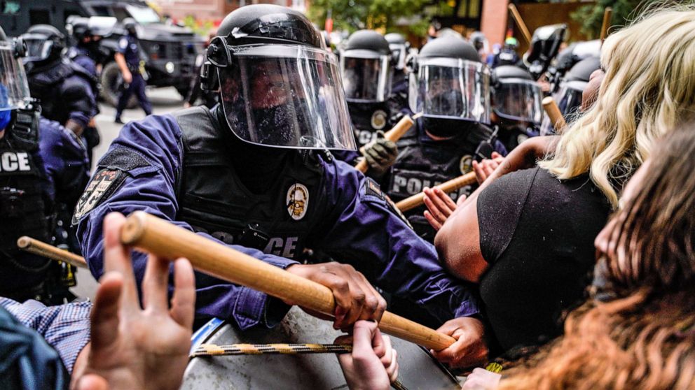 PHOTO: Riot police clash with protesters in Louisville, Ky., Sept. 23, 2020, after a judge announced the charges brought by a grand jury against Detective Brett Hankison, one of three police officers involved in the fatal shooting of Breonna Taylor.
