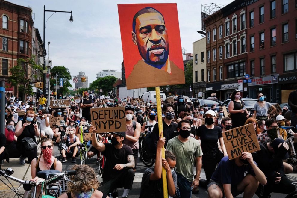 PHOTO: Hundreds of protesters march in downtown Brooklyn over the killing of George Floyd by a Minneapolis Police officer on June 05, 2020, in New York.