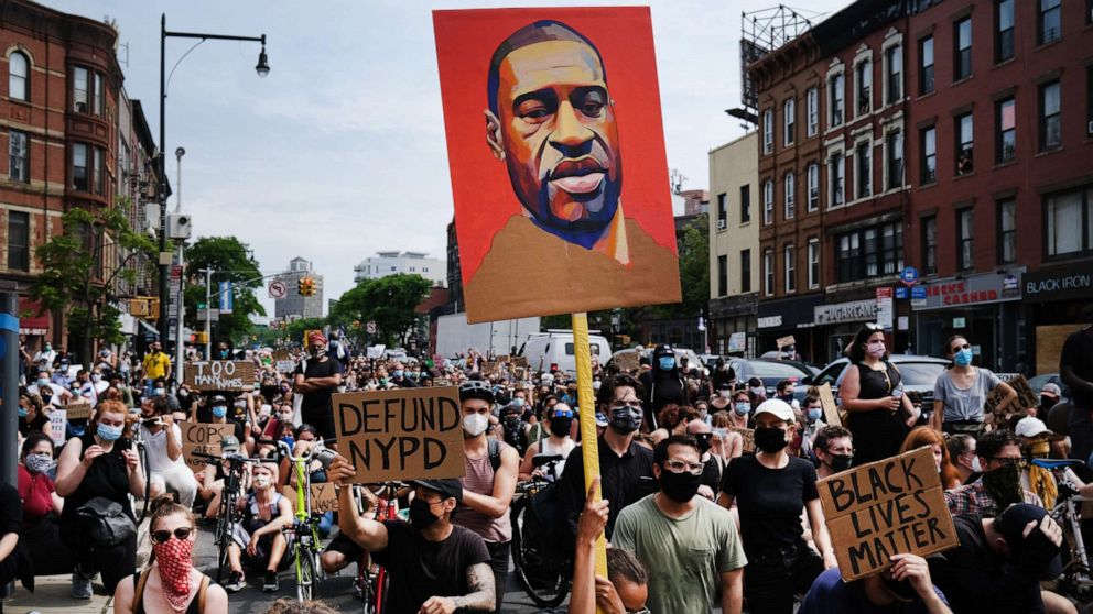 PHOTO: Hundreds of protesters march in downtown Brooklyn over the killing of George Floyd by a Minneapolis Police officer on June 05, 2020, in New York.