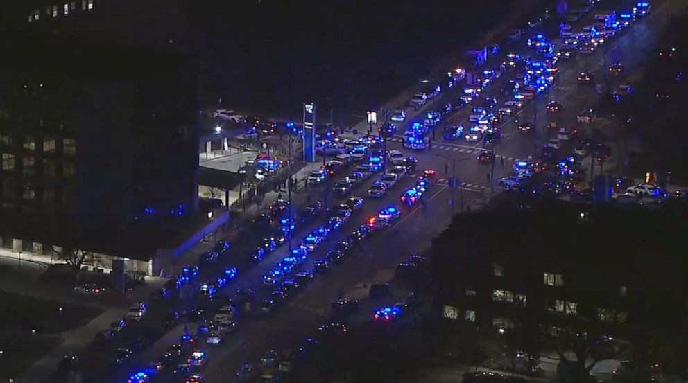 PHOTO: In a screen grab from a video, a large police presence is shown outside Mt. Sinai Hospital, after an officer was shot in Chicago, on March 1, 2023.