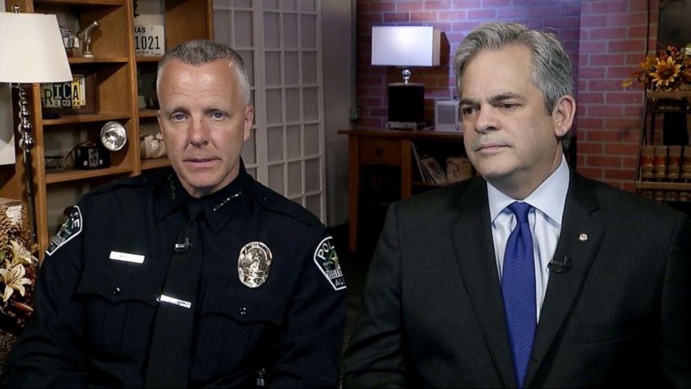 PHOTO: Interim police chief Brian Manley and Austin Mayor Steve Adler talk about the connection between three package bomb incidents on "Good Morning America," March 13, 2018.