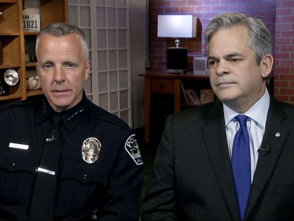 PHOTO: Interim police chief Brian Manley and Austin Mayor Steve Adler talk about the connection between three package bomb incidents on Good Morning America, March 13, 2018.