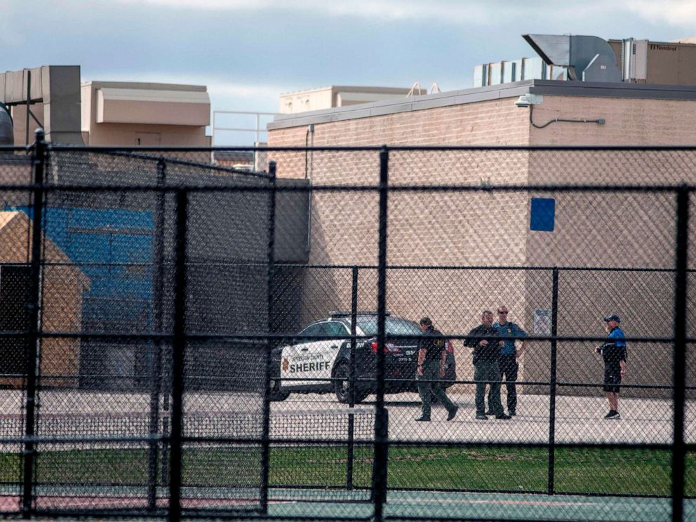 PHOTO: Police patrol outside Columbine High School on April 17, 2019 in Littleton, Colo., after all Denver-area schools were evacuated and classes cancelled after an active threat to the area made by Sol Pais.