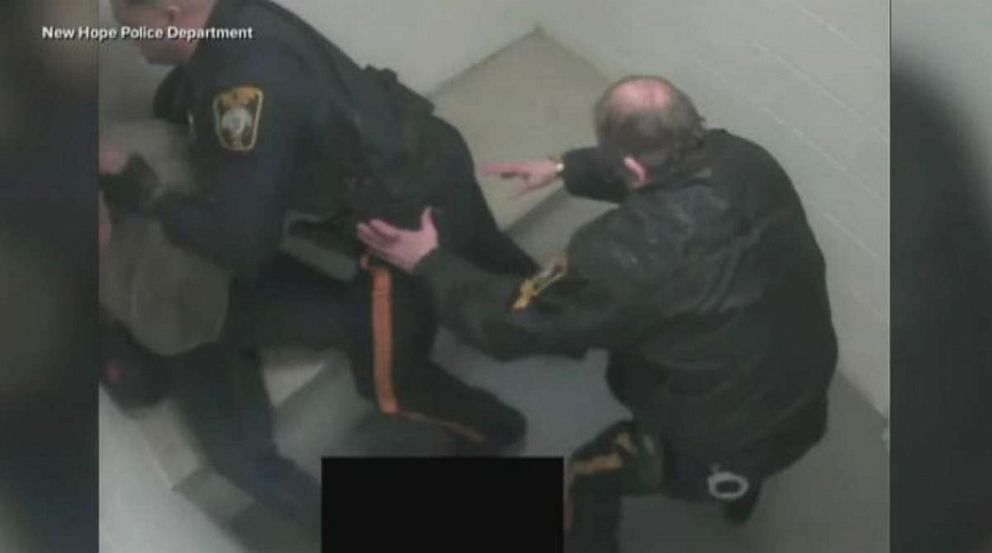 PHOTO: Two New Hope, Pa., Police Department officers scuffle with suspect Brian Riling on March 3, 2019, before he was shot in the stomach.