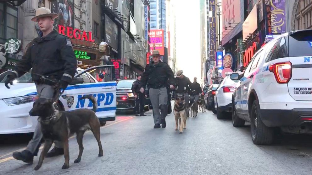 PHOTO: Police dogs marching from Times Square to Port Authority, Dec. 11, 2017, in New York City.