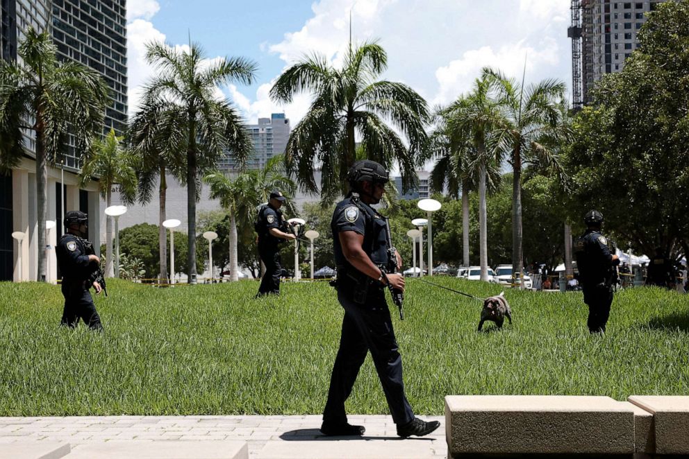 PHOTO: Law enforcement perform a security sweep outside the Wilkie D. Ferguson Jr. United States Federal Courthouse where former President Donald Trump is scheduled to be arraigned later in the day, June 13, 2023 in Miami.