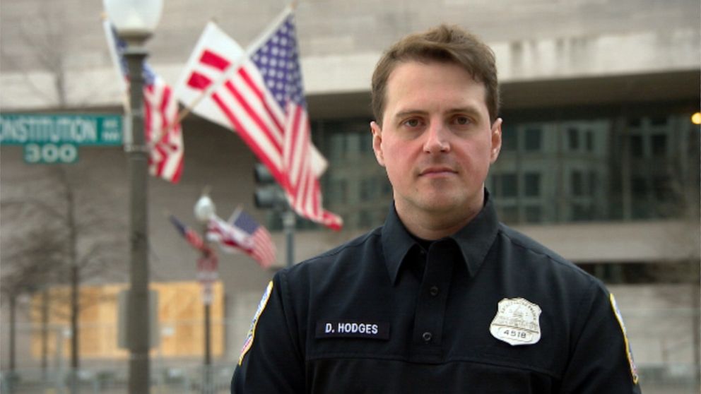 PHOTO: Metropolitan Police Department Office Daniel Hodges speaks with ABC News' Chief Justice Correspondent Pierre Thomas about his experience at the U.S. Capitol when a pro-trump mob attempted to get in.