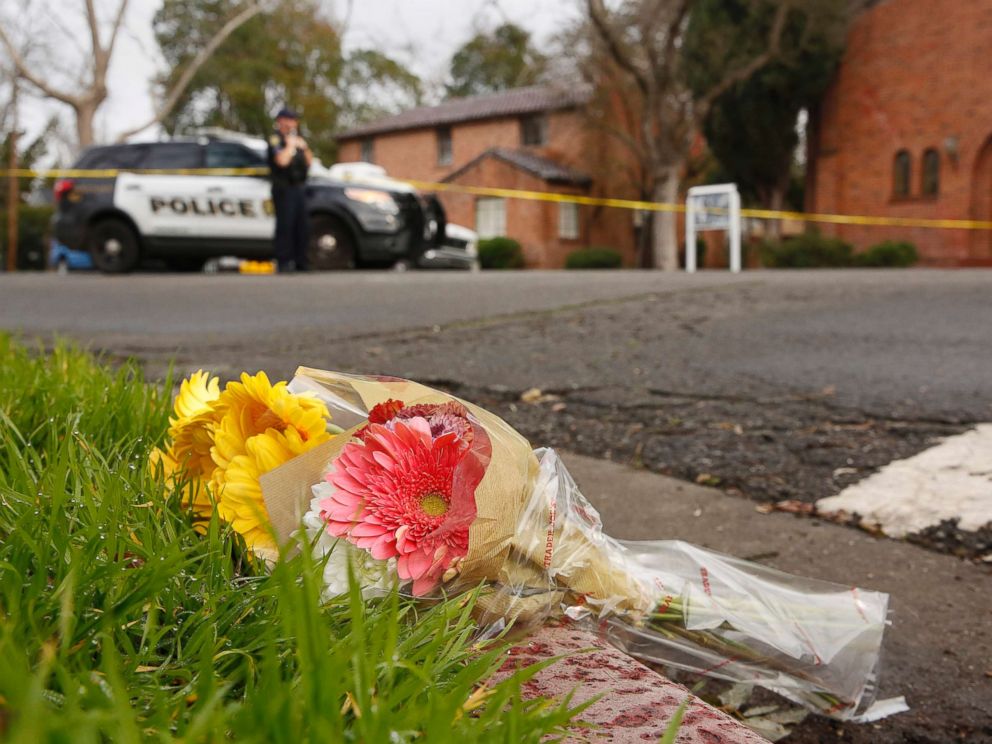 PHOTO: Flowers left at the scene where Davis Police Officer Natalie Corona was shot and killed in Davis, Calif., Jan. 11, 2019. Corona, 22, who had been on the job only a few weeks was killed while investigating a vehicle collision. 