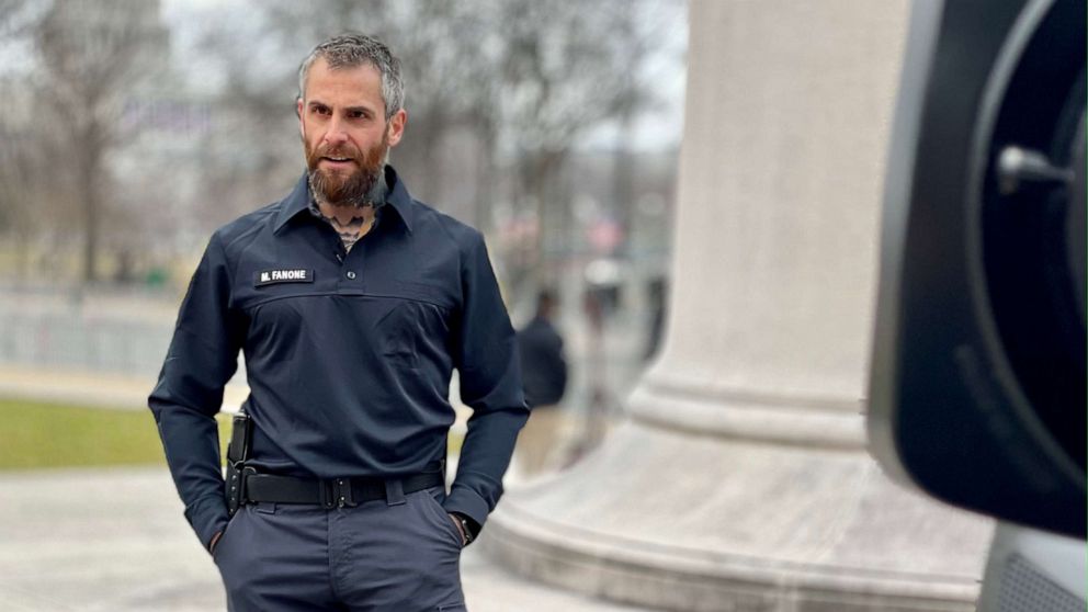 PHOTO: Metropolitan Police Department Narcotics officer Michael Fanone speaks with ABC News' Chief Justice Correspondent Pierre Thomas about his experience at the U.S. Capitol when a pro-trump mob attempted to get in.