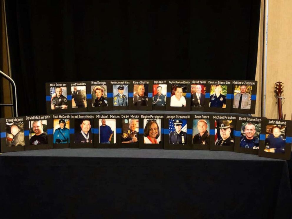 PHOTO: Photos of officers who've taken their lives sit on a table at the 2019 Blue H.E.L.P dinner.
