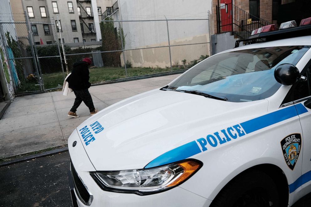 PHOTO: Police patrol a park as local politicians, religious leaders and members of the Harlem community participate in a 'Make Our Streets Safe for Our Children' march and rally on Oct. 08, 2021, in New York.