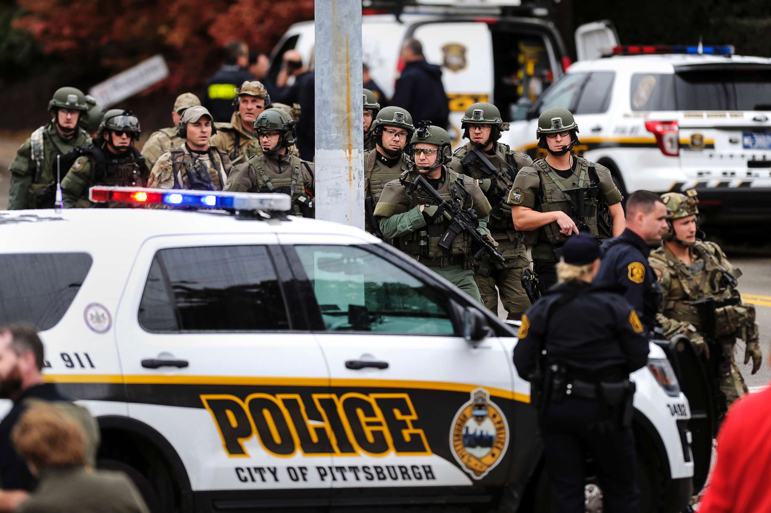 PHOTO: Law enforcement officers secure the scene where multiple people were shot, Oct. 27, 2018, at the Tree of Life Congregation in Pittsburgh's Squirrel Hill neighborhood.