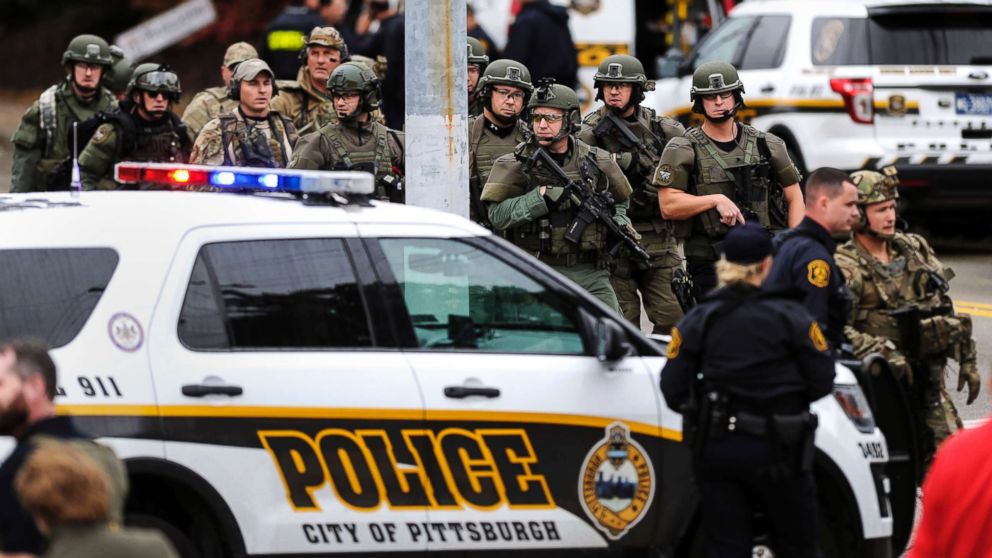 PHOTO: Law enforcement officers secure the scene where multiple people were shot, Oct. 27, 2018, at the Tree of Life Congregation in Pittsburgh's Squirrel Hill neighborhood.