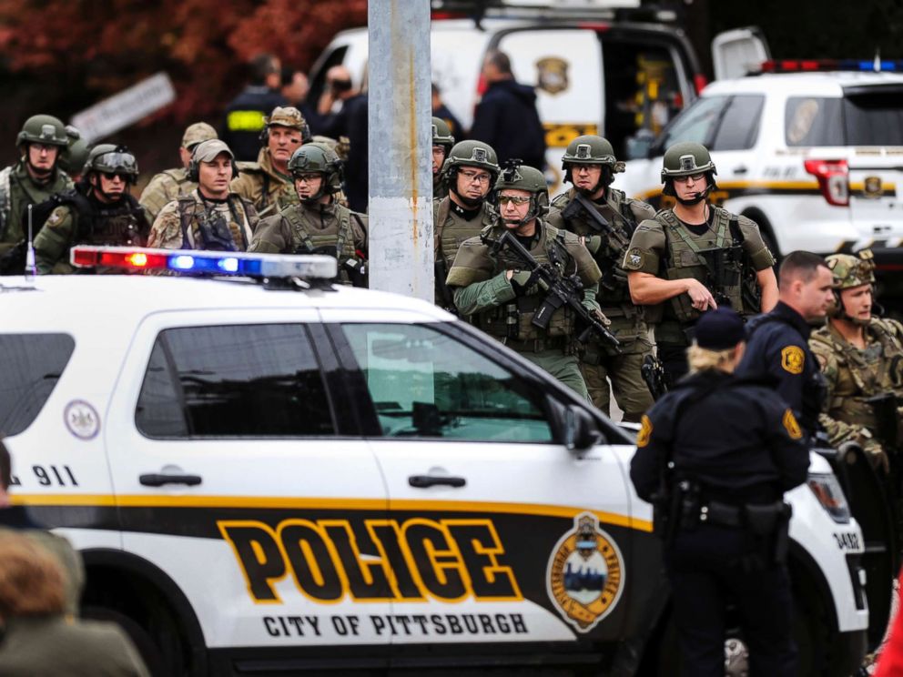 PHOTO: Law enforcement officers secure the scene where multiple people were shot, Oct. 27, 2018, at the Tree of Life Congregation in Pittsburghs Squirrel Hill neighborhood.