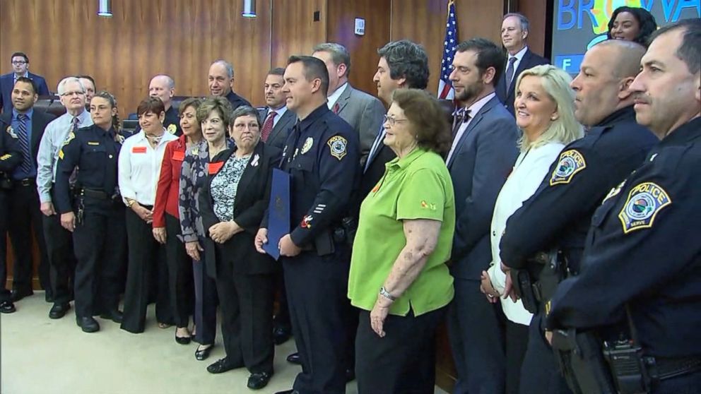 PHOTO: Coconut Creek Police Chief Albert Arenal and Officer Michael Leonard were honored Tuesday for the department's response to the shooting at Marjory Stoneman Douglas High School in Parkland, Fla., on Feb. 14, 2018.