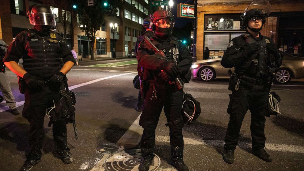PHOTO: Police stand guard in Portland, Oregon, on Aug. 29, 2020.