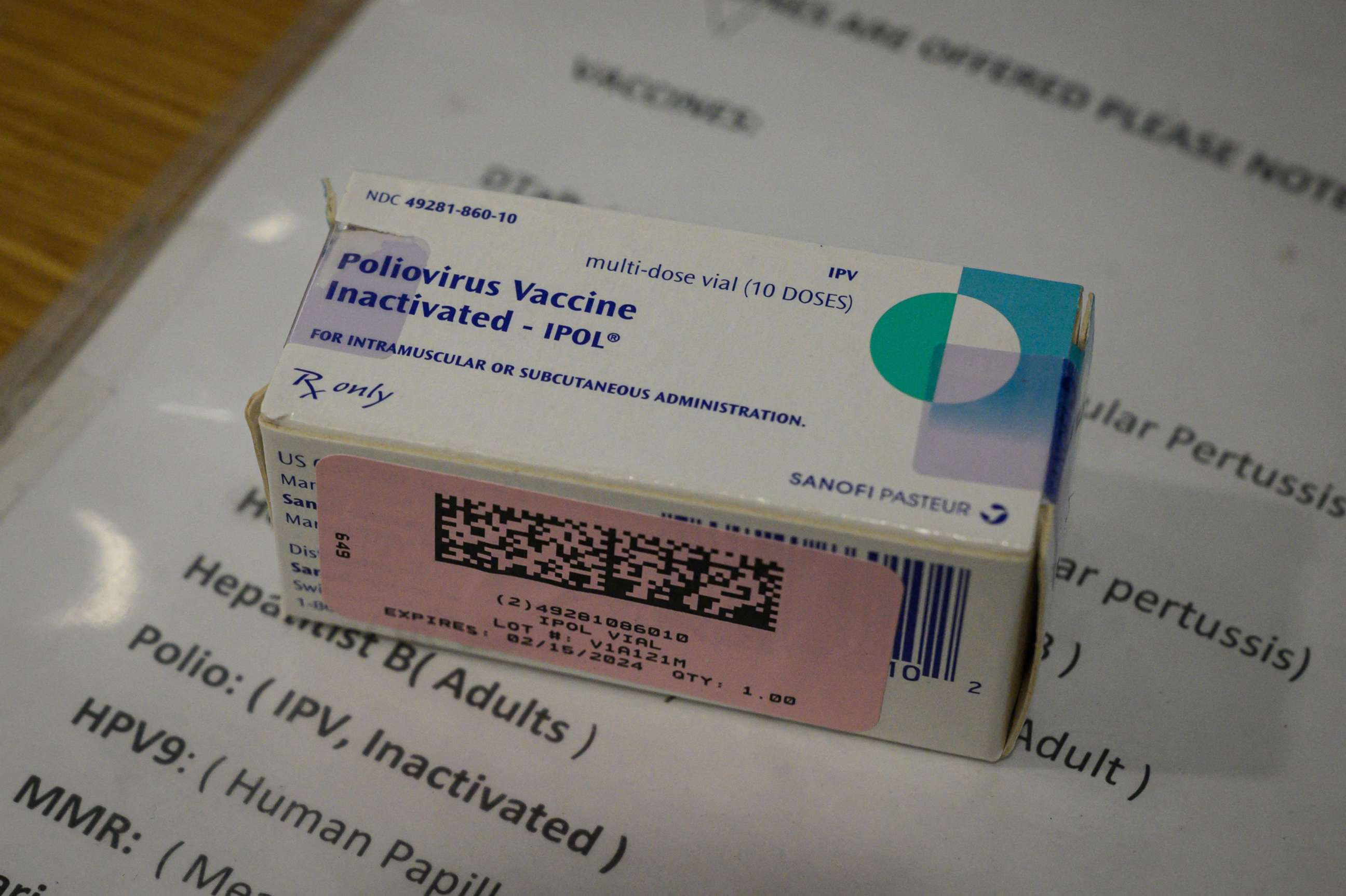 PHOTO: A polio vaccine box is displayed at a health clinic in Brooklyn, New York on August 17, 2022. 