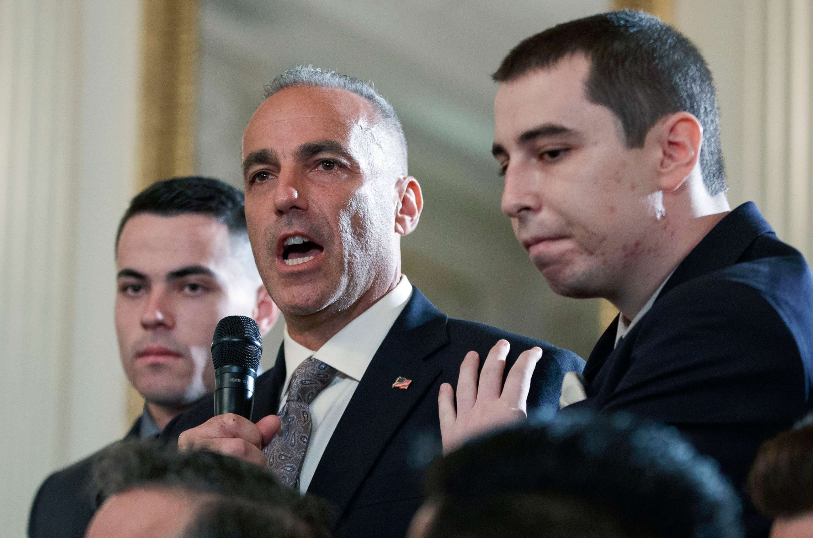 PHOTO: Andrew Pollack, father of slain Marjory Stoneman Douglas High School student Meadow Jade Pollack, joined by his sons, speaks during a listening session with President Donald Trump, students, teachers and others at the White House, Feb. 21, 2018. 