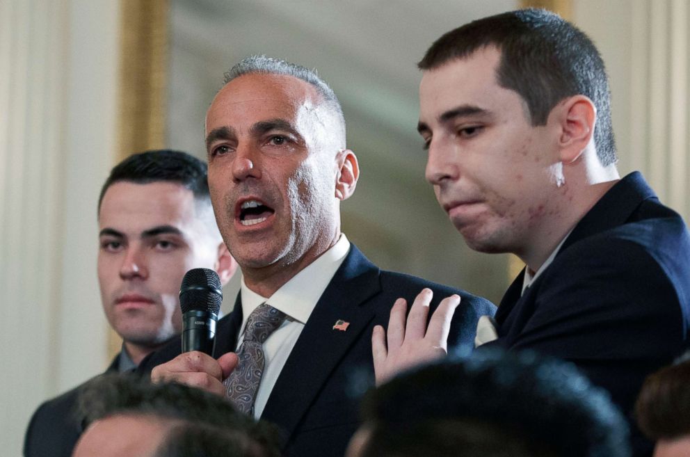 PHOTO: Andrew Pollack, father of slain Marjory Stoneman Douglas High School student Meadow Jade Pollack, joined by his sons, speaks during a listening session with President Donald Trump, students, teachers and others at the White House, Feb. 21, 2018. 