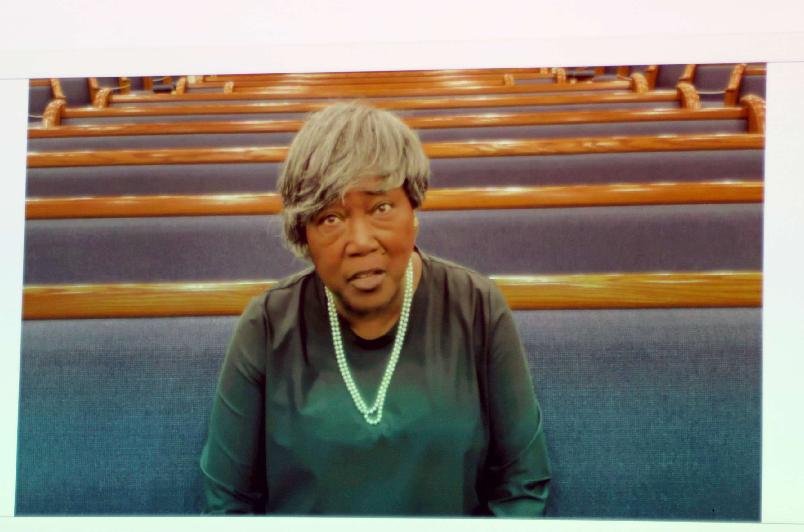 PHOTO: Charleston church massacre survivor Polly Sheppard speaks in a video asking to pass a hate crimes law in the South Carolina Senate, April 27, 2022, in Columbia, S.C.