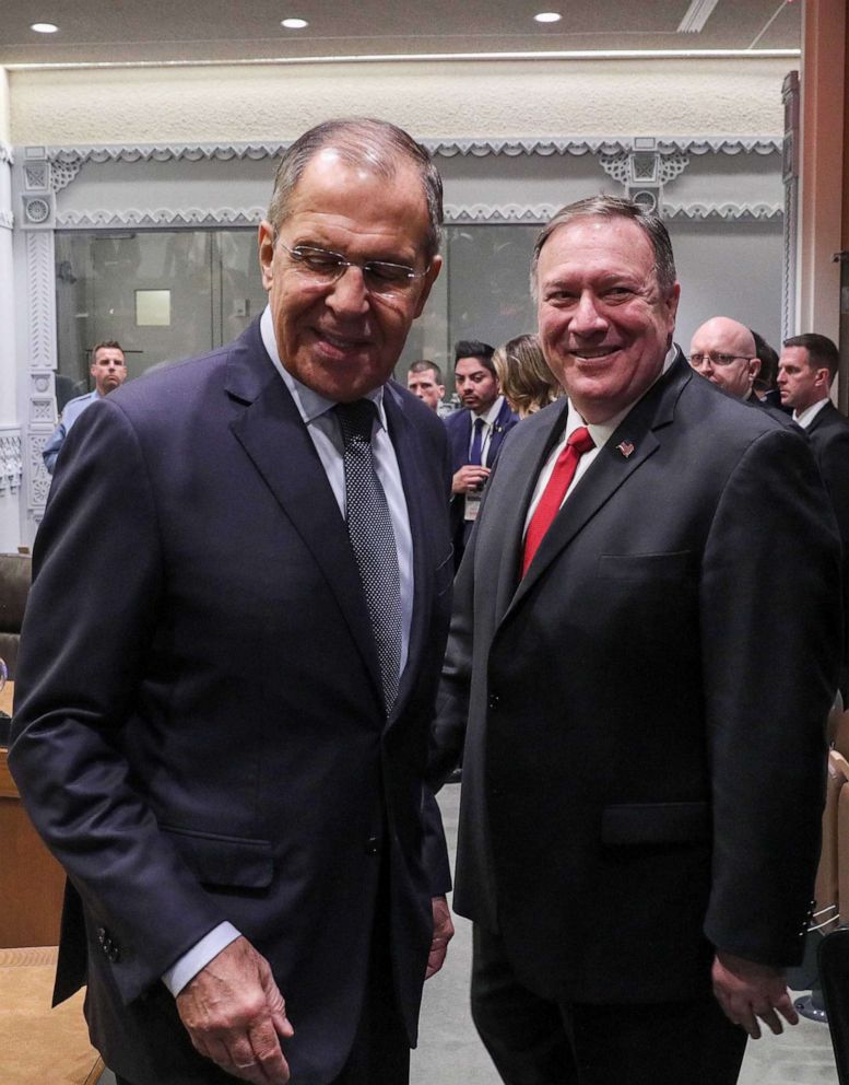 PHOTO: Russia's Foreign Minister Sergei Lavrov (L) and US Secretary of State Mike Pompeo during a meeting on the sidelines of the 74th session of the United Nations General Assembly in New York, Sept. 27, 2019.