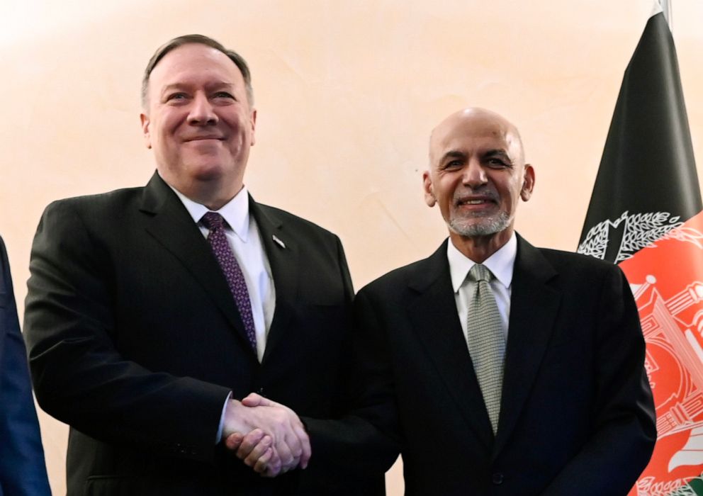 PHOTO: Secretary of State Mike Pompeo, left, shakes hands with Afghan President Ashraf Ghani during the 56th Munich Security Conference in Munich, Germany on Feb. 14, 2020.