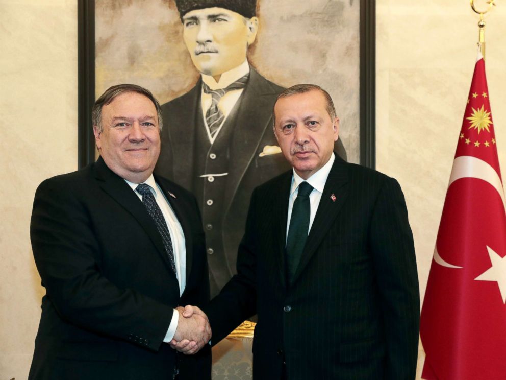 PHOTO: Turkish President Tayyip Erdogan meets with U.S. Secretary of State Mike Pompeo at Esenboga International Airport in Ankara, Turkey, Oct. 17, 2018.