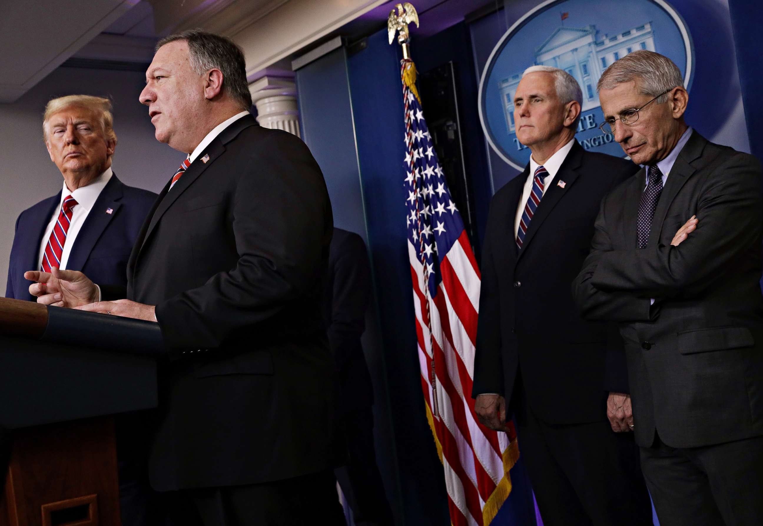 PHOTO: Secretary of State Mike Pompeo speaks during a briefing on the latest development of the coronavirus outbreak in the U.S. at the White House, March 20, 2020, in Washington.