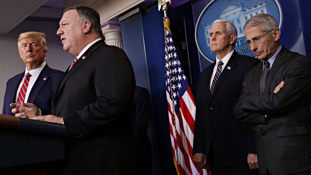 PHOTO: Secretary of State Mike Pompeo speaks during a briefing on the latest development of the coronavirus outbreak in the U.S. at the White House, March 20, 2020, in Washington.