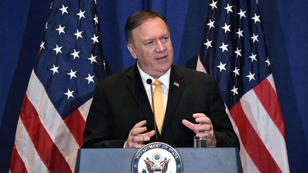 PHOTO: Secretary of State Mike Pompeo speaks during a press conference at the Palace Hotel on the sidelines of the 74th session of the United Nations General Assembly in New York, Sept. 26, 2019. 