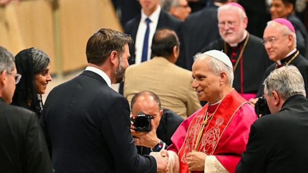 Pope Leo XIV talks to U.S. Vice President JD Vance and his wife Usha after a Holy mass for the beginning of his pontificate, in St Peter's basilica in The Vatican, May 18, 2025. 