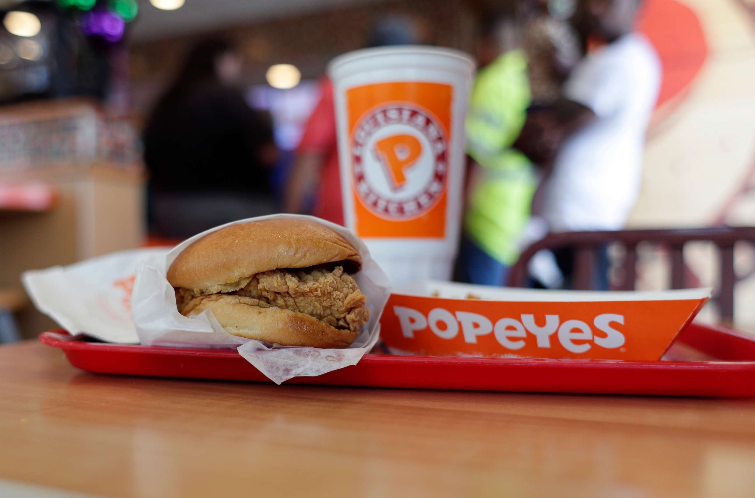 PHOTO: In this photo taken on Aug. 22, 2019, a chicken sandwich is seen at a Popeyes as guests wait in line, in Kyle, Texas.