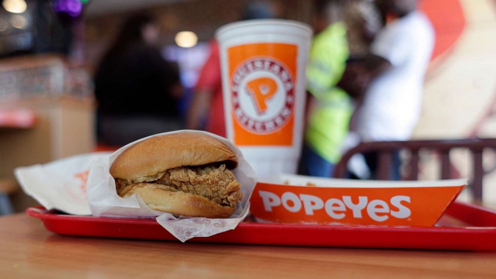 PHOTO: In this photo taken on Aug. 22, 2019, a chicken sandwich is seen at a Popeyes as guests wait in line, in Kyle, Texas.