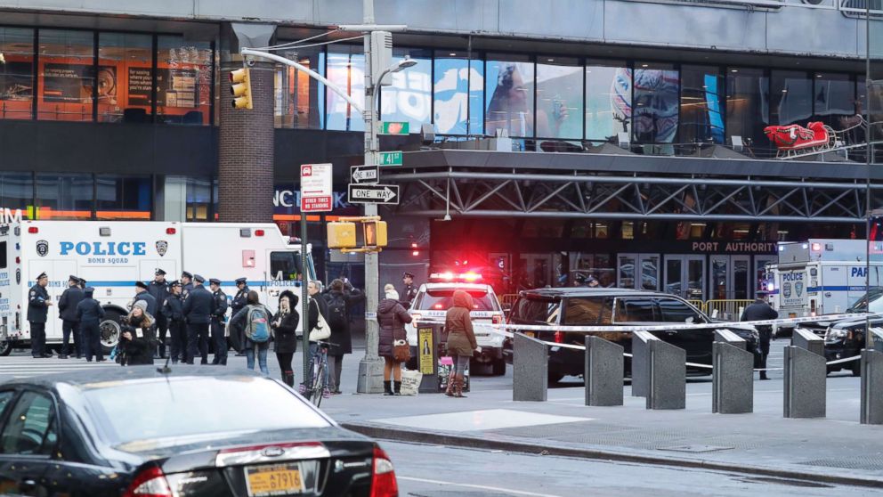 PHOTO: Police activity outside the Port Authority Bus Terminal following reports of a confirmed explosion inside an underground tunnel in the building in New York City, Dec. 11, 2017. 