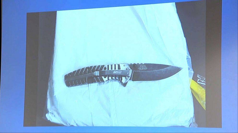 PHOTO: A knife allegedly held by Porter Burks is displayed during a press conference with Chief James White and the Detroit Police Department regarding the fatal shooting of Burks in Detroit, Oct. 5, 2022.