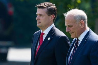 PHOTO: White House Chief of Staff John Kelly, right, and White House Staff Secretary Rob Porter walk the South Lawn of the White House in Washington, Aug. 4, 2017.