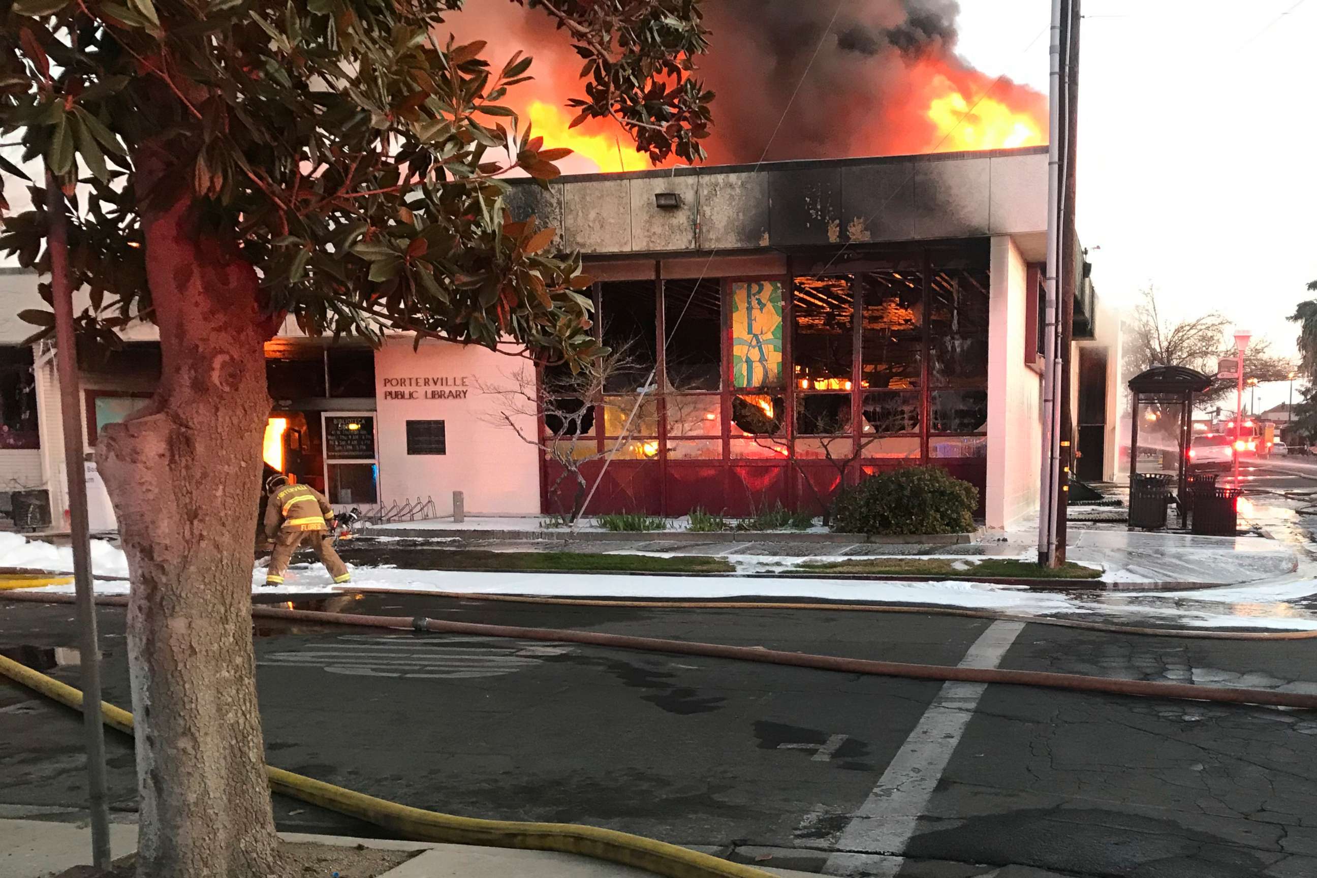 PHOTO: Flames engulf the public library in Porterville, Calif., Feb. 18, 2020.