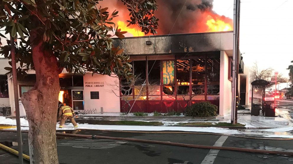 PHOTO: Flames engulf the public library in Porterville, Calif., Feb. 18, 2020.