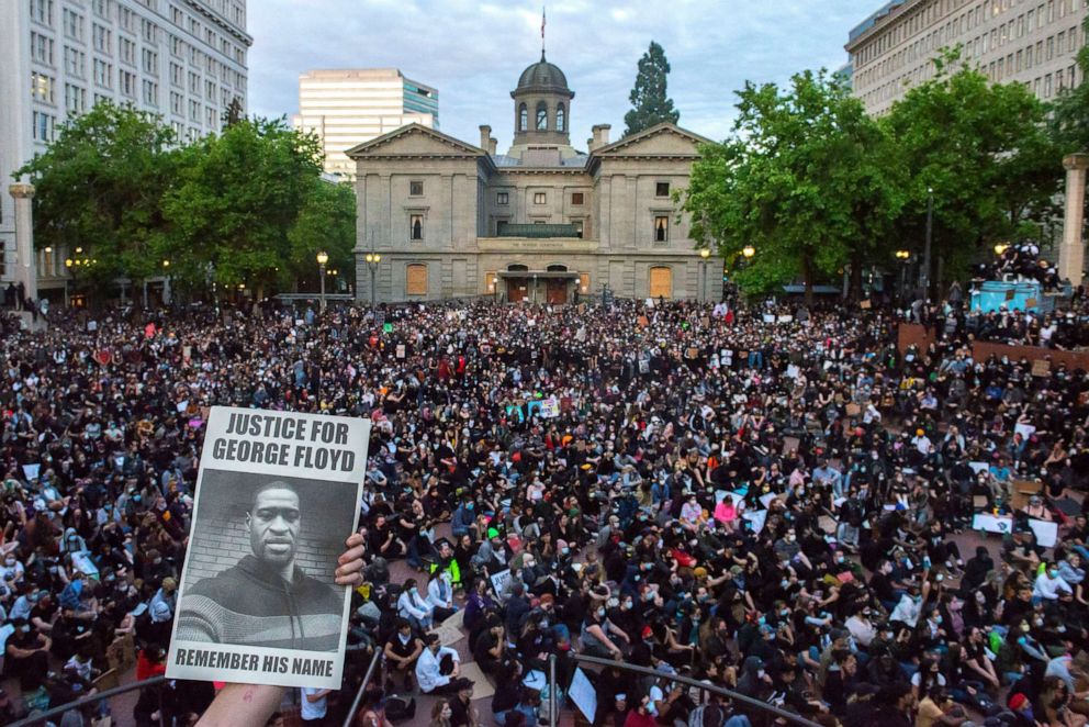 PHOTO: Thousands of protesters occupy Pioneer Square, June 6, 2020, in Portland Ore., as protests spread and grew in response to the death of George Floyd who died in the custody of Minneapolis police.