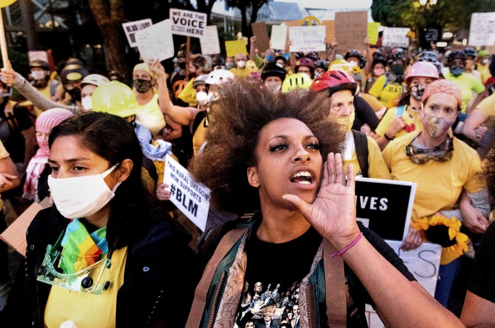 PHOTO: Black Lives Matter organizer Teal Lindseth, 21, leads protesters, July 23, 2020, in Portland, Ore.