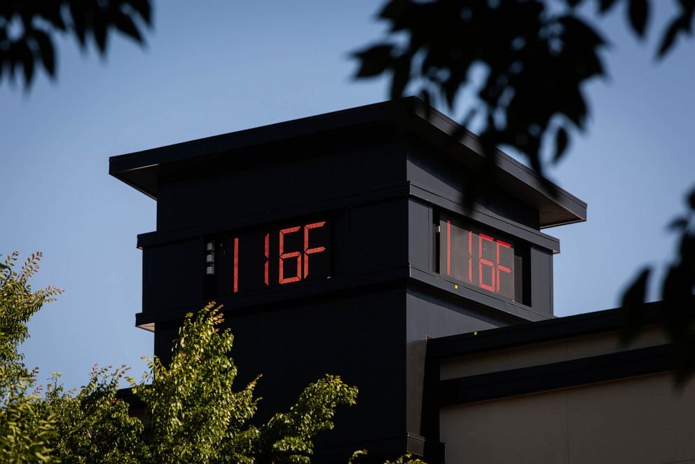 PHOTO: A thermometer reads 116 degrees Fahrenheit during a heatwave in Portland, Ore., on June 28, 2021.