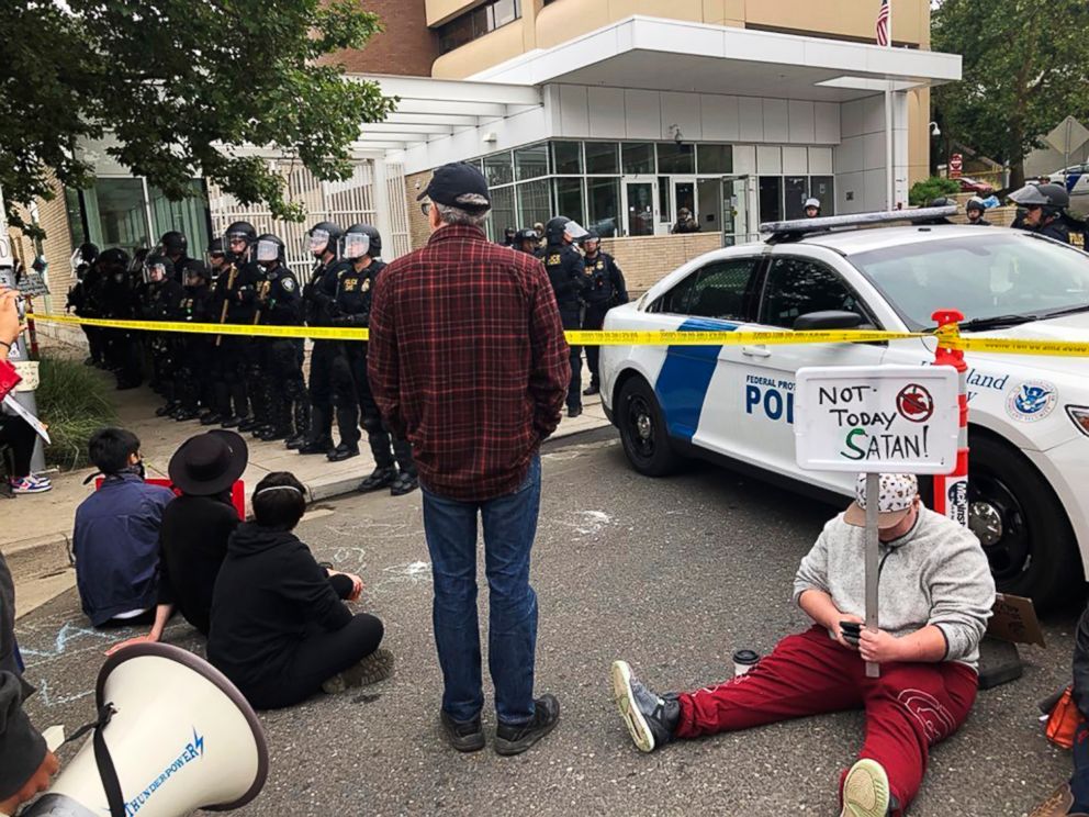 PHOTO: Protesters face law enforcement outside the U.S. Immigration and Customs Enforcement building, June 28, 2018 in Portland, Ore.