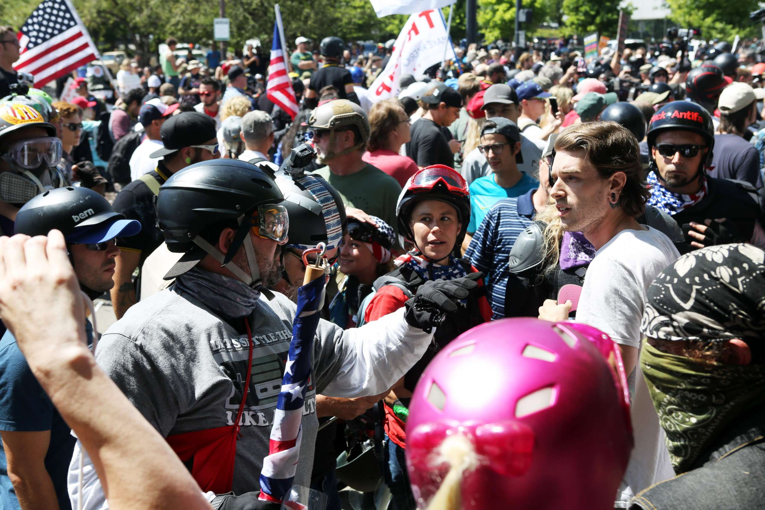 PHOTO: An alt-right sympathizer,confronts another protester at a rally that was held in Portland, Oregon, August 4, 2018. 